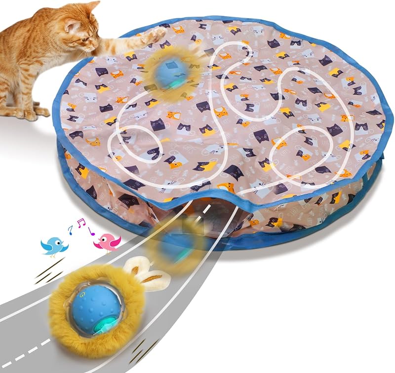Giociv Interactive Cat Toys Ball Fast Rolling in Pouch, Motion Activate Chirping Cat Toy Hide and Seek Mouse Catching Game (Blue)