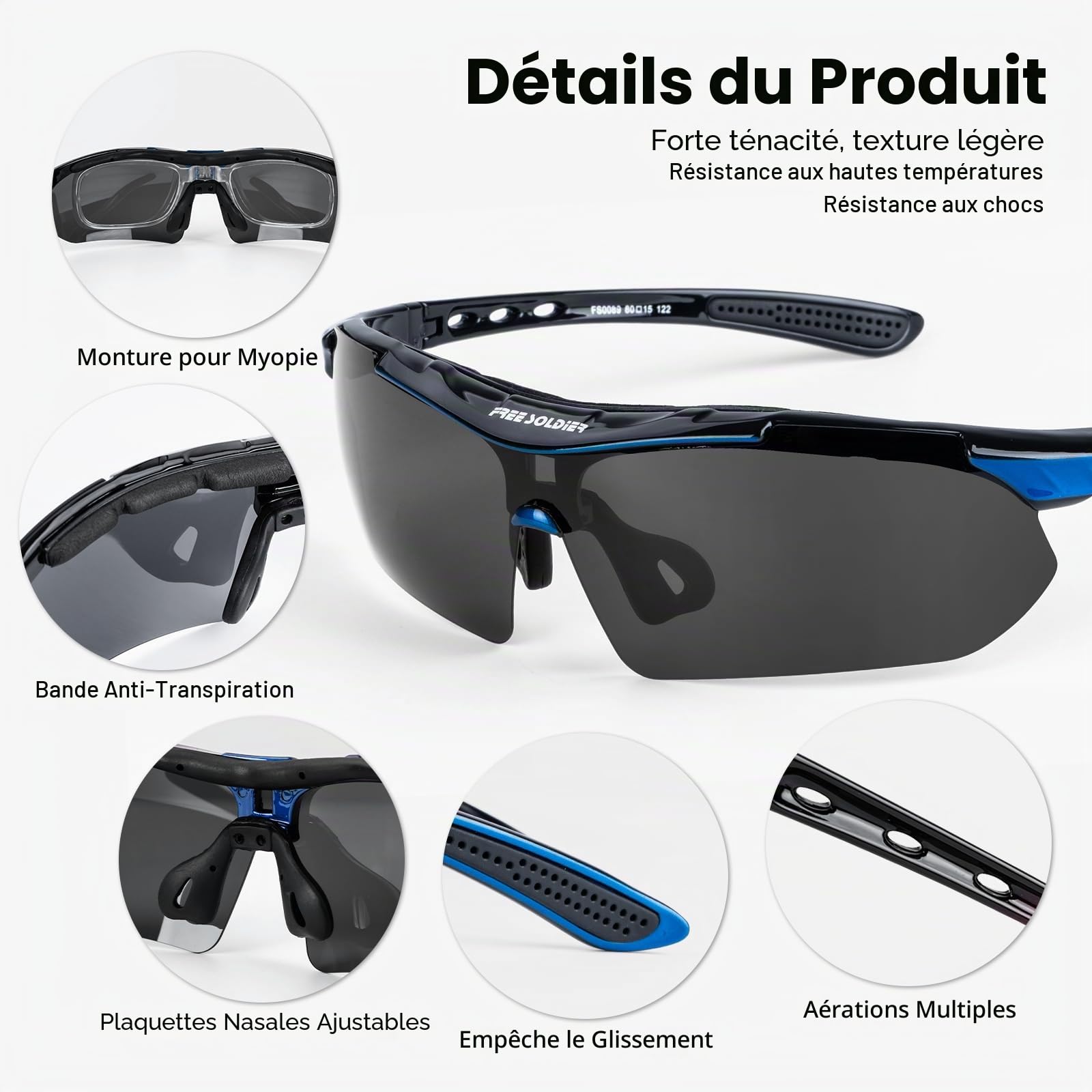 FREE SOLDIER Lunettes Homme de Cyclisme Lunettes anti-UV400 Tactiques Militaires 5 en 1 Lunette Peche pour VTT Airsoft Course à Pied, Conduite, Sports de Plein air