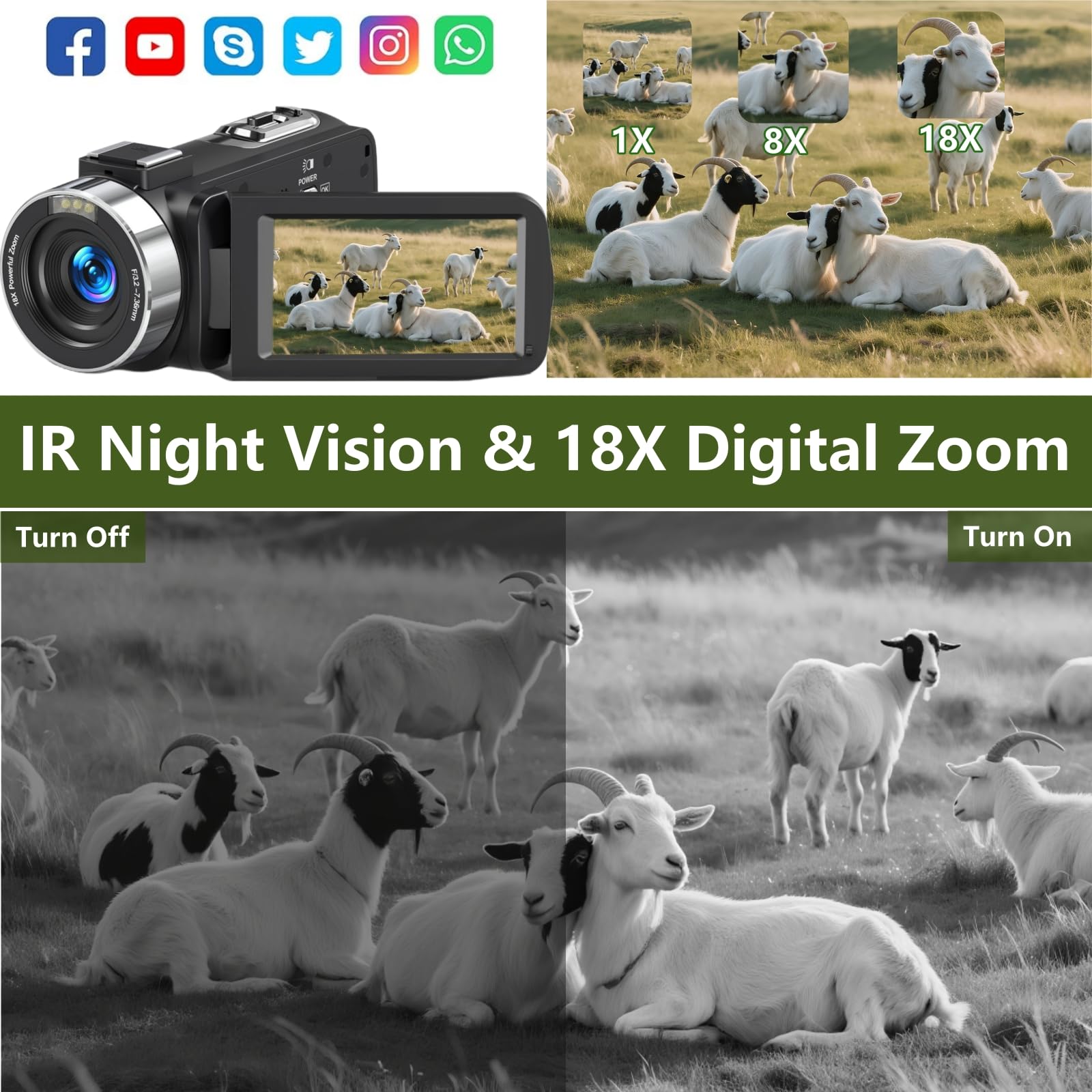 Videocamera 4K Videocamera 75MP YouTube Vlogging Camera Scheda SD 64G e 2 Batterie 18X Zoom Digitale Webcam Rotazione 270 Gradi Registrazione dello schermo durante la ricarica della videocamera per