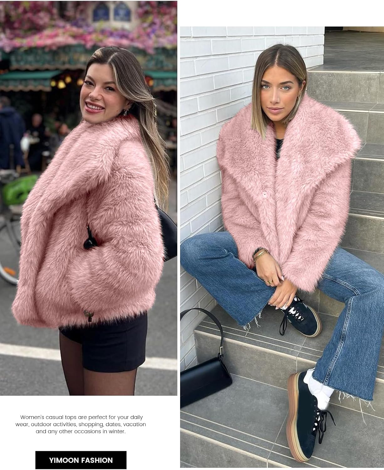 Yimoon Women's Cropped Faux Fur Jacket Lapel Open Front Shaggy Furry Coat 2024 Winter Warm Fluffy Overcoat(Pink-S) - Image 6