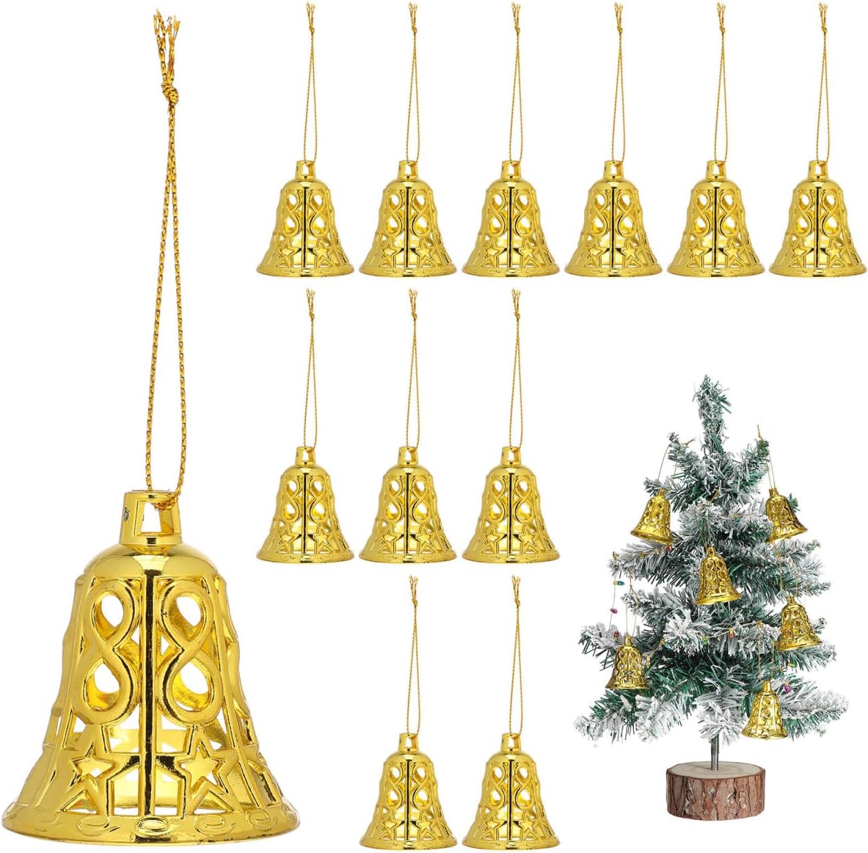 Christmas Gold Jingle Bells：12pcs Gold Plastic Bells for Xmas Hanging Decorations - Reusable Xmas Ornament Ringbell for Christmas Tree Pendant Holiday Decoration（2inch）