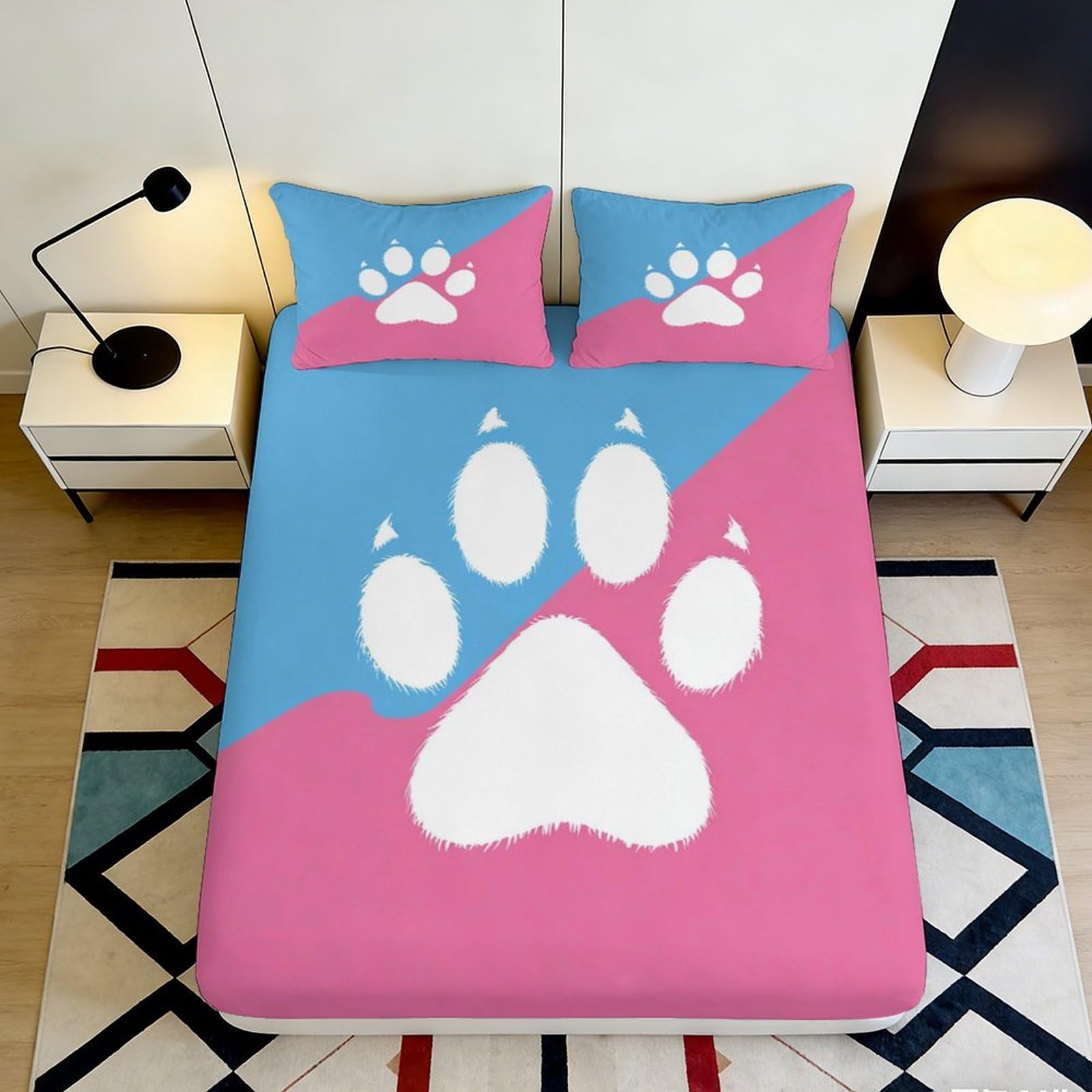 3D Printed Blue Pink Paw Fitted Sheet Microfiber Soft Anti-Slip Animal Bed Cover for Bedroom Dorm Easy Care 140x200x25cm