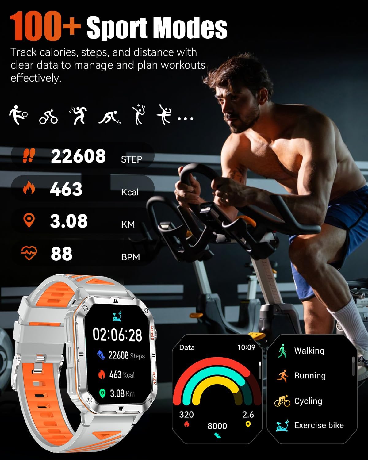 Military Smart Watch for Men, 2.01'' Fitness Tracker with 1200mAh Long Battery Life, Bluetooth Calls, Flashlight, IP68 Waterproof, Heart Rate/Sleep Tracking, 100+ Sports Modes for Android iPhone