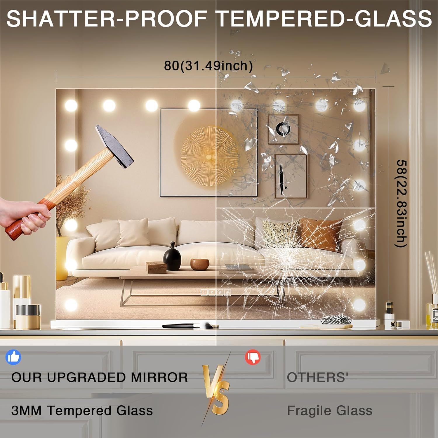 Hansong grand miroir hollywood 80x60cm 18 led loupe