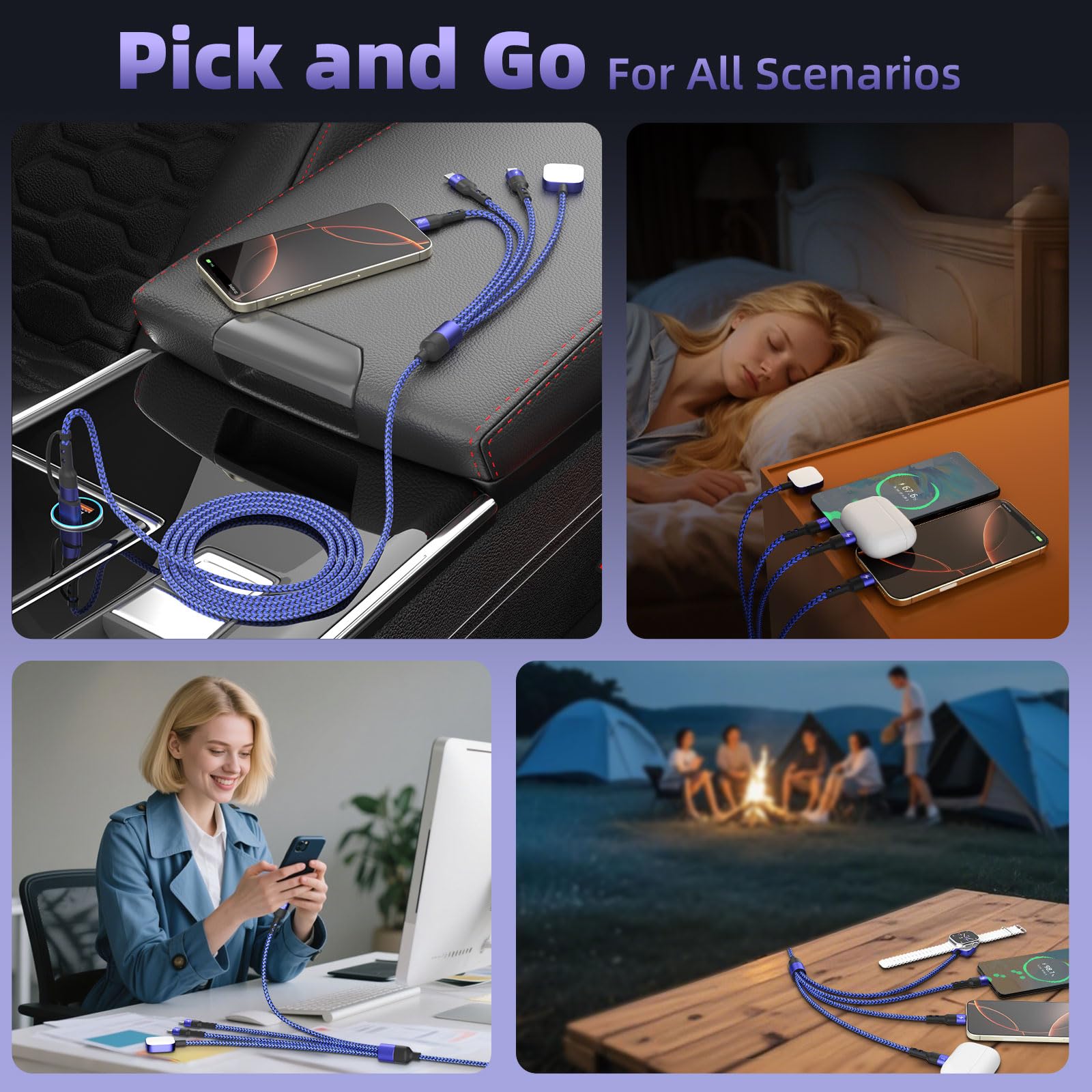 Cruise Travel Essentials - Cavo di ricarica multiplo 4 in 2 con 3 porte di tipo C per iWatch, iPhone 17, cavo USB C Splitter USBA/USBC per iWatch Ultra/SE/11-2, iPhone17-15/S26/caricabatteria da auto