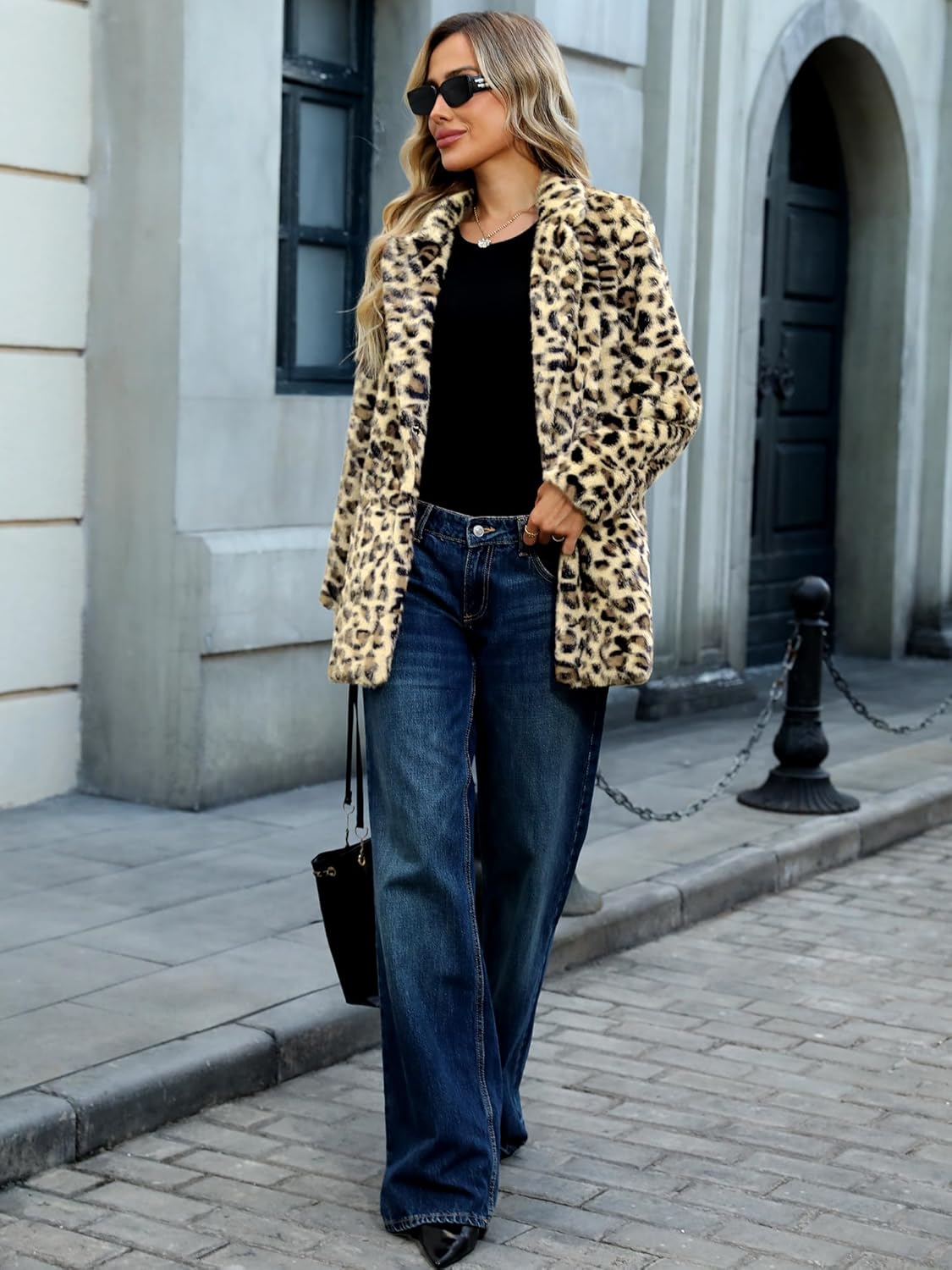 ELLEVEN Women’s Faux Fur Leopard Coat Long Winter Coats, Autumn Notch Lapel Jackets with Pockets - Image 5