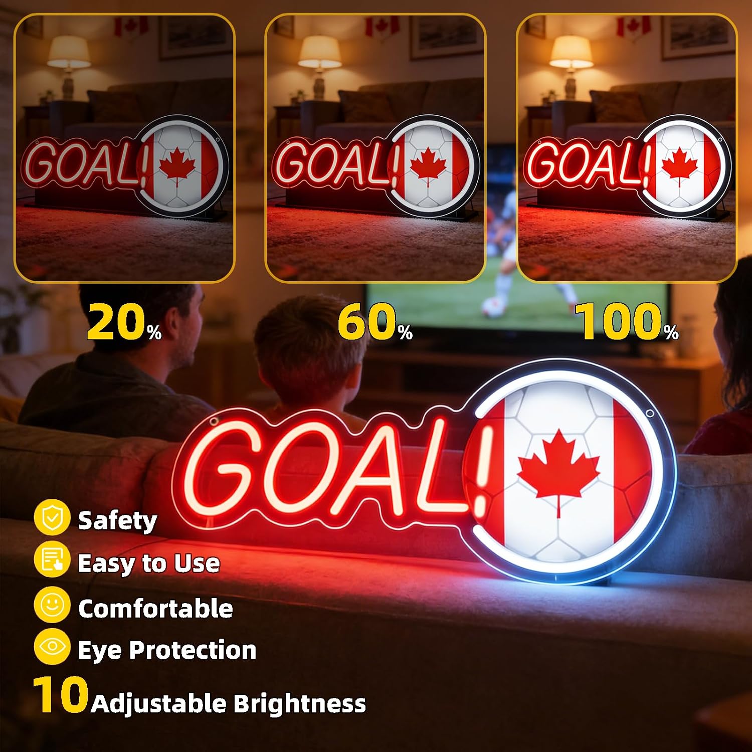 Soccer Neon Sign with UV Printed Ball Pattern, 16 Inch GOAL LED Light for Boys Bedroom Wall Decor, Dimmable 2026 Football Championship Fan Gift, Sports Night Light for Room, Bar, Man Cave (Red White Flag)