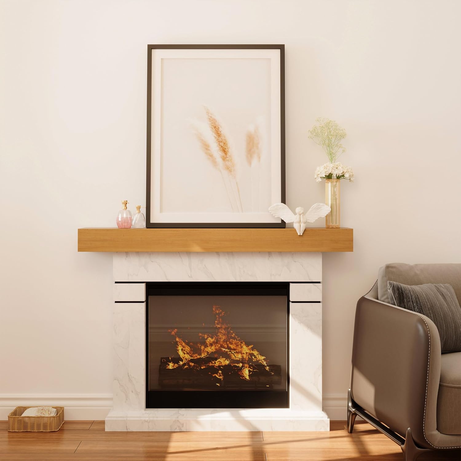 LAUSAINT HOME Fireplace Mantel, 60 Inch Solid Floating Mantel Shelf with Hidden Brackets for Fireplace, Modern Farmhouse Style Wood Mantels for Fireplace for Living Room Home Decor