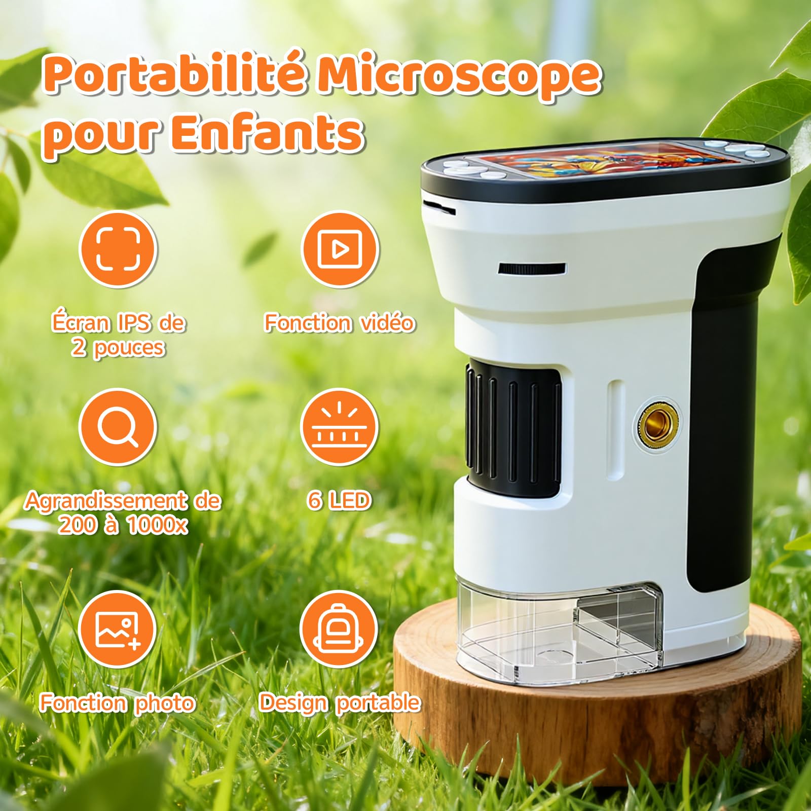 Microscope Enfant Numérique 1000x avec Écran IPS 2,0″ Carte 16 Go LED Recharge USB Portable Kit Cadeau 6 Ans