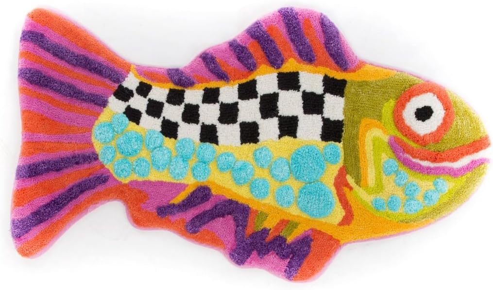 MACKENZIE-CHILDS Bath Rug, Bath Mat for Bathroom Use, Cotton Rug, 20" H x 36" W, Happy Fish