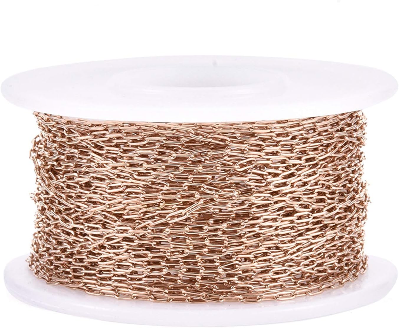 FASHEWELRY 32.8 Feet Stainless Steel Paperclip Chains Soldered Metal Oval Link Chain with Spool 3x1~1.3x0.3mm for Bracelet Necklace Jewelry Making (Rose Gold)