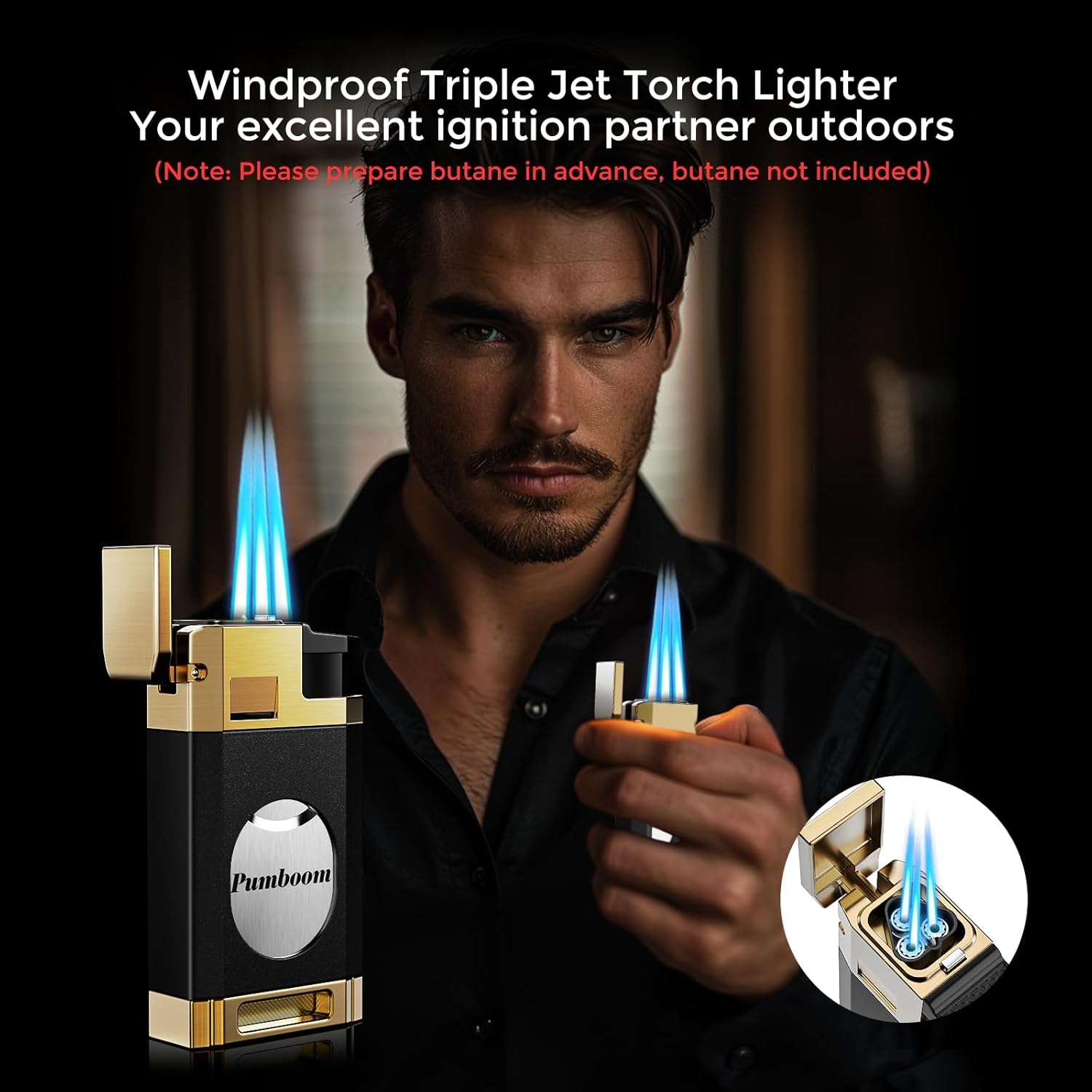 Triple Jet Torch Lighter with Guillotine Tool, Draw Enhancer Tool, Gifts for Men, Refillable Butane Lighter with Versatile Accessories, Windproof Lighter for Travel, Outdoors (Without Butane)