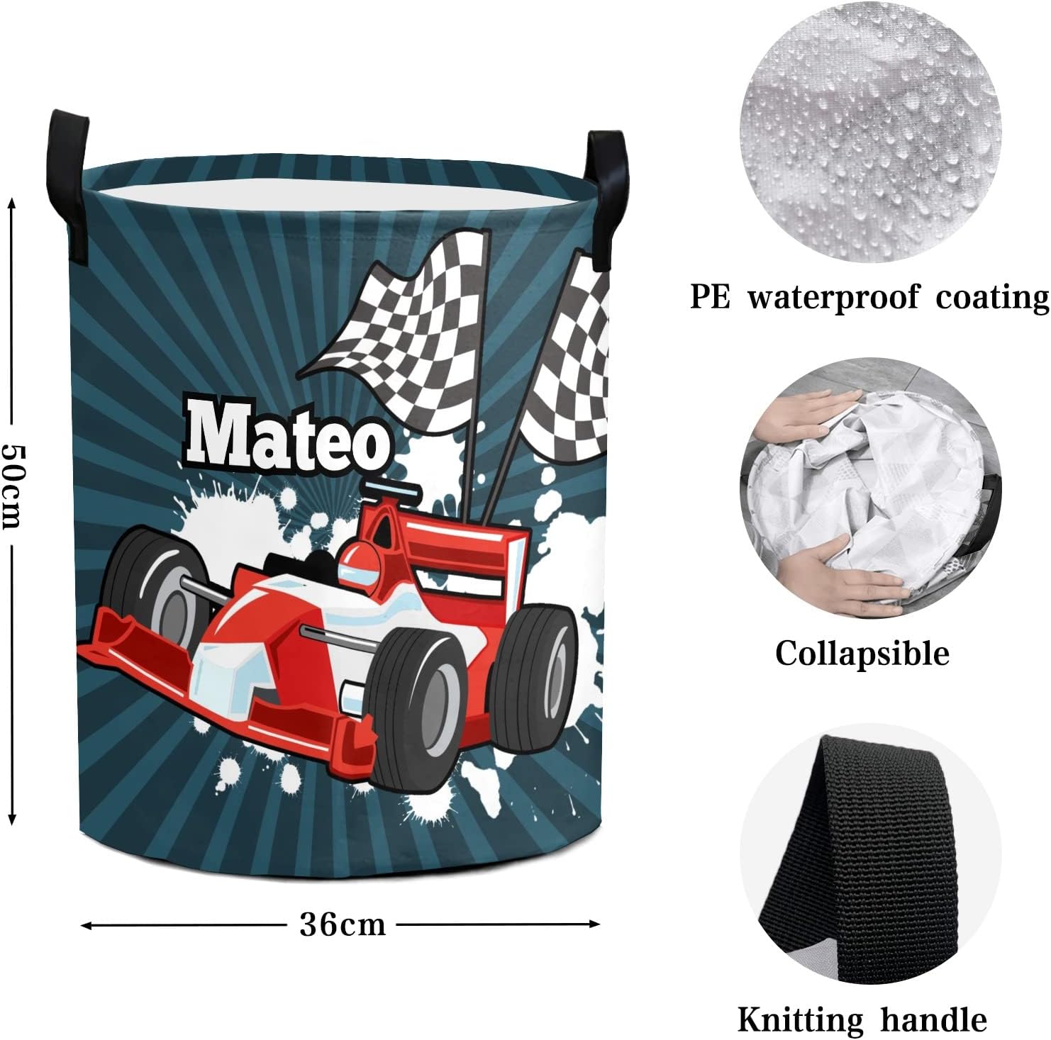 Race Car Personalized Laundry Basket Clothes Hamper with Handles Waterproof,Collapsible Laundry Storage Baskets for Bathroom,Bedroom Decorative 19.7"Hx14.2"D