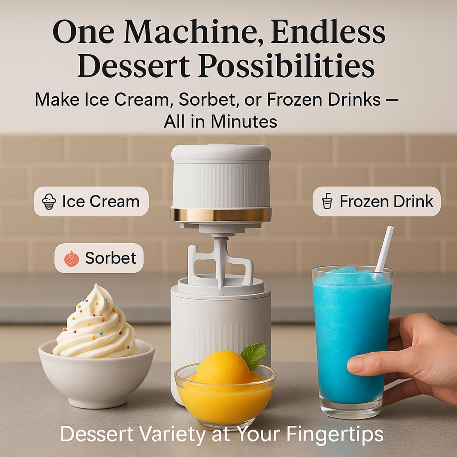 USB-C Rechargeable Portable Ice Cream Maker 0.4 Qt,Cordless Gelato, Sorbet & Frozen Yogurt Machine, Mini Homemade Dessert Maker for Couples, Dorm Kitchens & RVs, Gift-Ready in 15–30 Minutes(Gold)