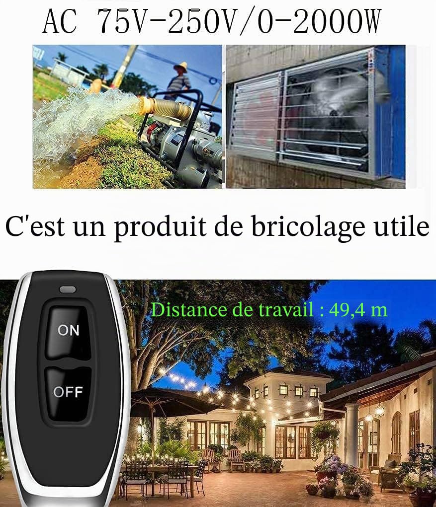 DieseRC ON-OFF Interrupteur de télécommande Haute Puissance sans Fil 433Mhz, RF AC 220V/240V/110V 30A pour lumière, Pompe à Eau, appareils ménagers, Irrigation agricole,Normalement ouvert