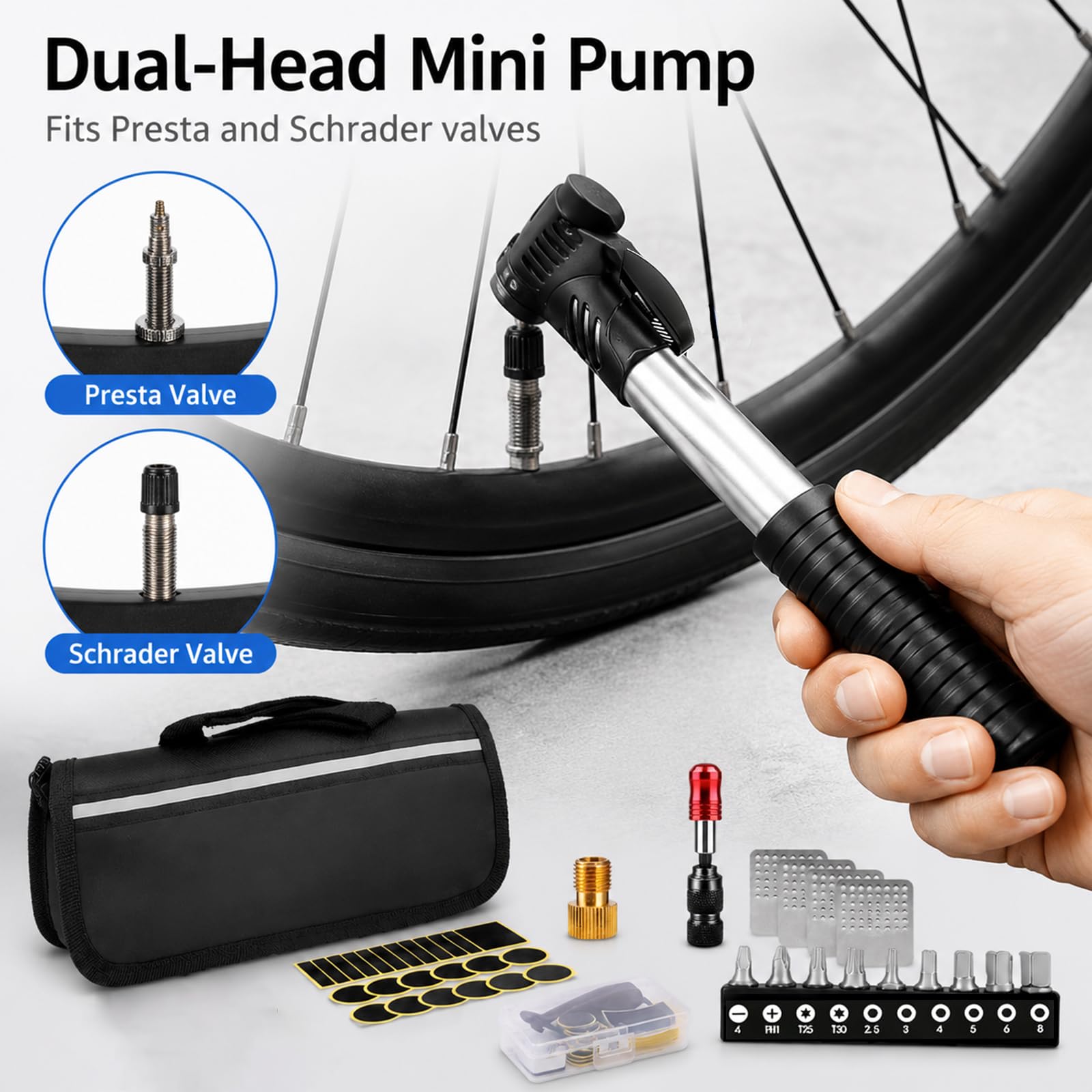 Flickzeug Fahrrad & Reparaturset, mit Mini Ratsche, Luftpumpe mit Adapter, 2 Reifenheber, selbstklebende Flicken, tragbar für Rennrad, MTB, E-Bike