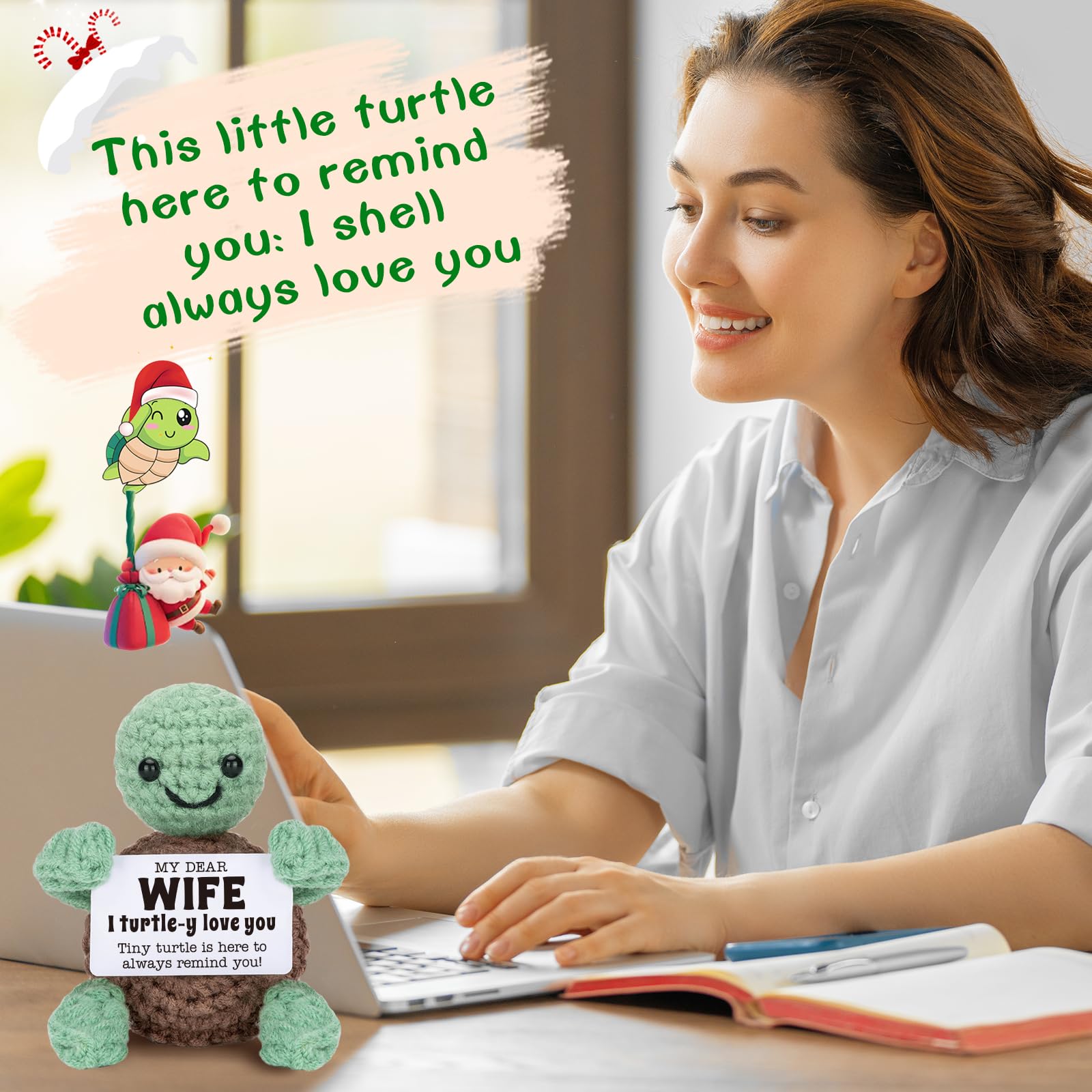 4THFARMES Mini Funny Turtle Gifts for Wife from Husband, Birthday for Wife Wifey Romantic, I Love You Small Cool Cute Stuff Things, Handmade Emotional Positive Crochet Turtle