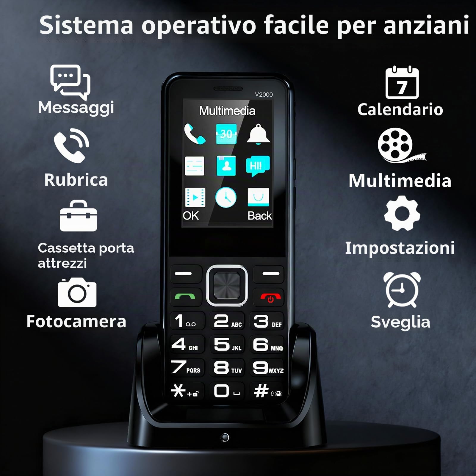 4G Telefono Cellulare per Anziani con Tasti Grandi e Base di Ricarica | Supporto SIM Doppio, Volume Elevato, Pulsante SOS, Display da 2,4”, 288 Ore di Standby, Chiamata Rapida, Fotocamera, USB-C