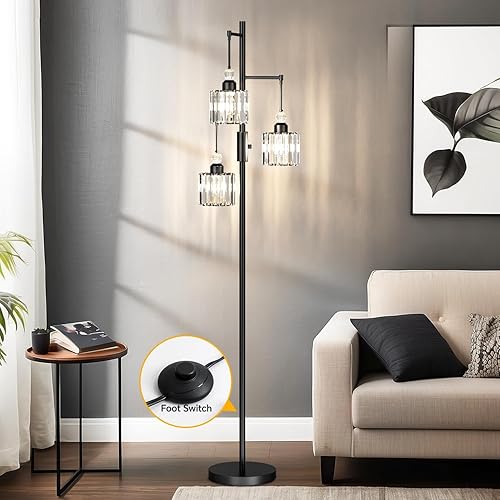 Miniatura 5 de Lámpara de pie de árbol negro con 3 pantallas de jaula de cristal y bombillas regulables, lámpara de pie vintage de 70 pulgadas para sala de estar,