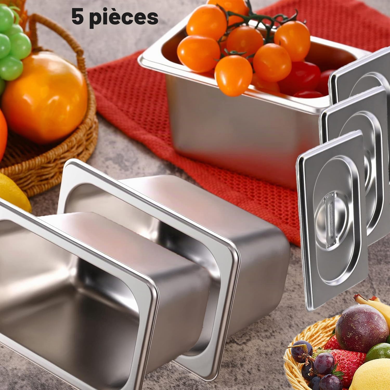 Lot de 5 boîtes de conservation avec couvercle, en acier inoxydable, 17,5 x 11 x 10 cm