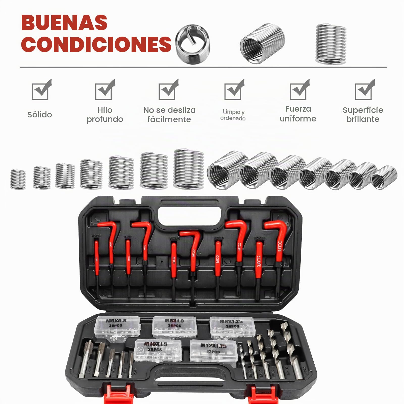 CCLIFE Juego de reparación de roscas, 150 piezas, HSS Helicoil Set con rosca M5, M6, M8, M10 y M13, juego de herramientas con almacenamiento portátil