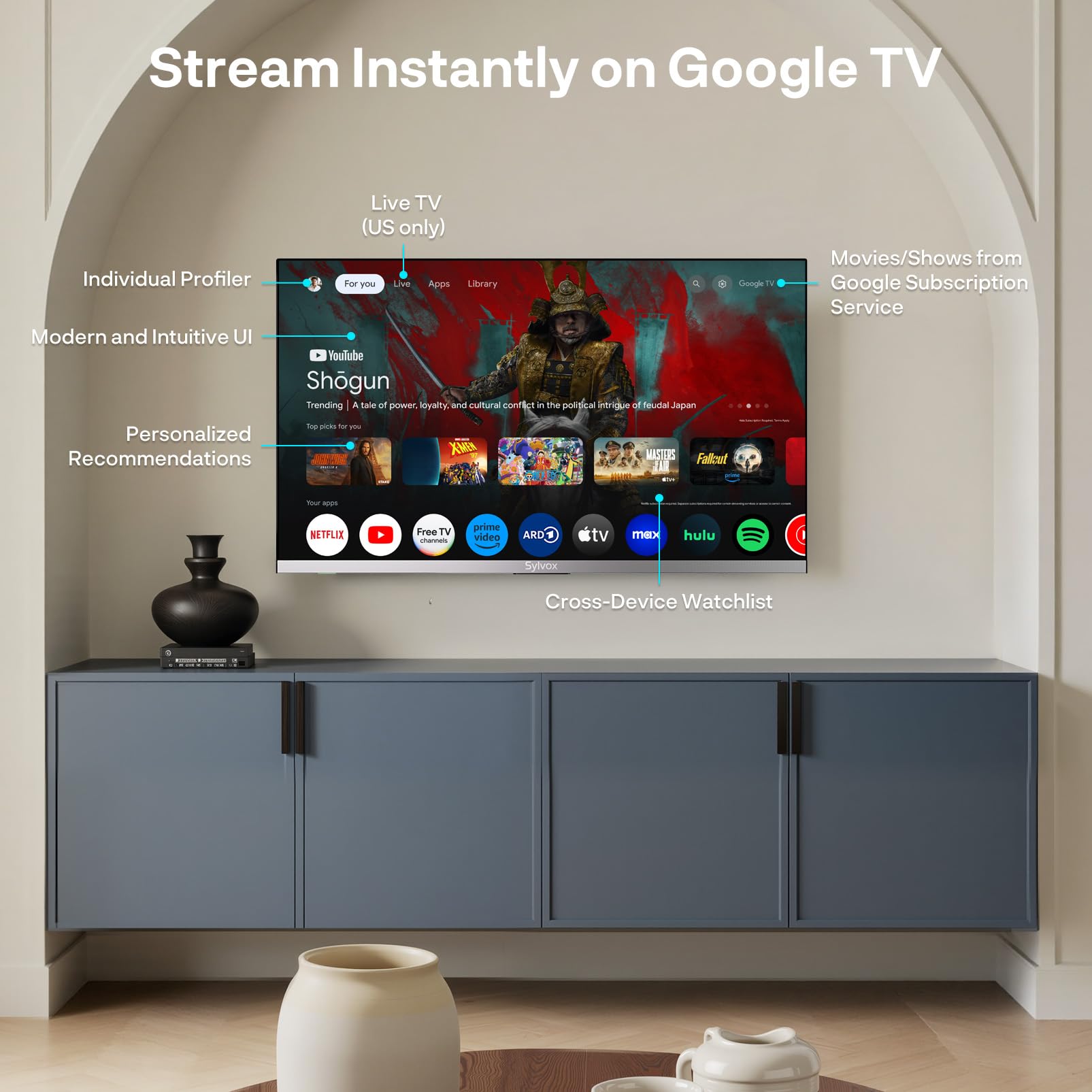 SYLVOX 22-inch RV TV, 1080P FHD Smart Google TV, 12V/24V DC & AC Power, with Built-in DVD Player for Truck RV Boat, Waterproof Remote, 9-32V Wide Voltage Shock-Resistant Design