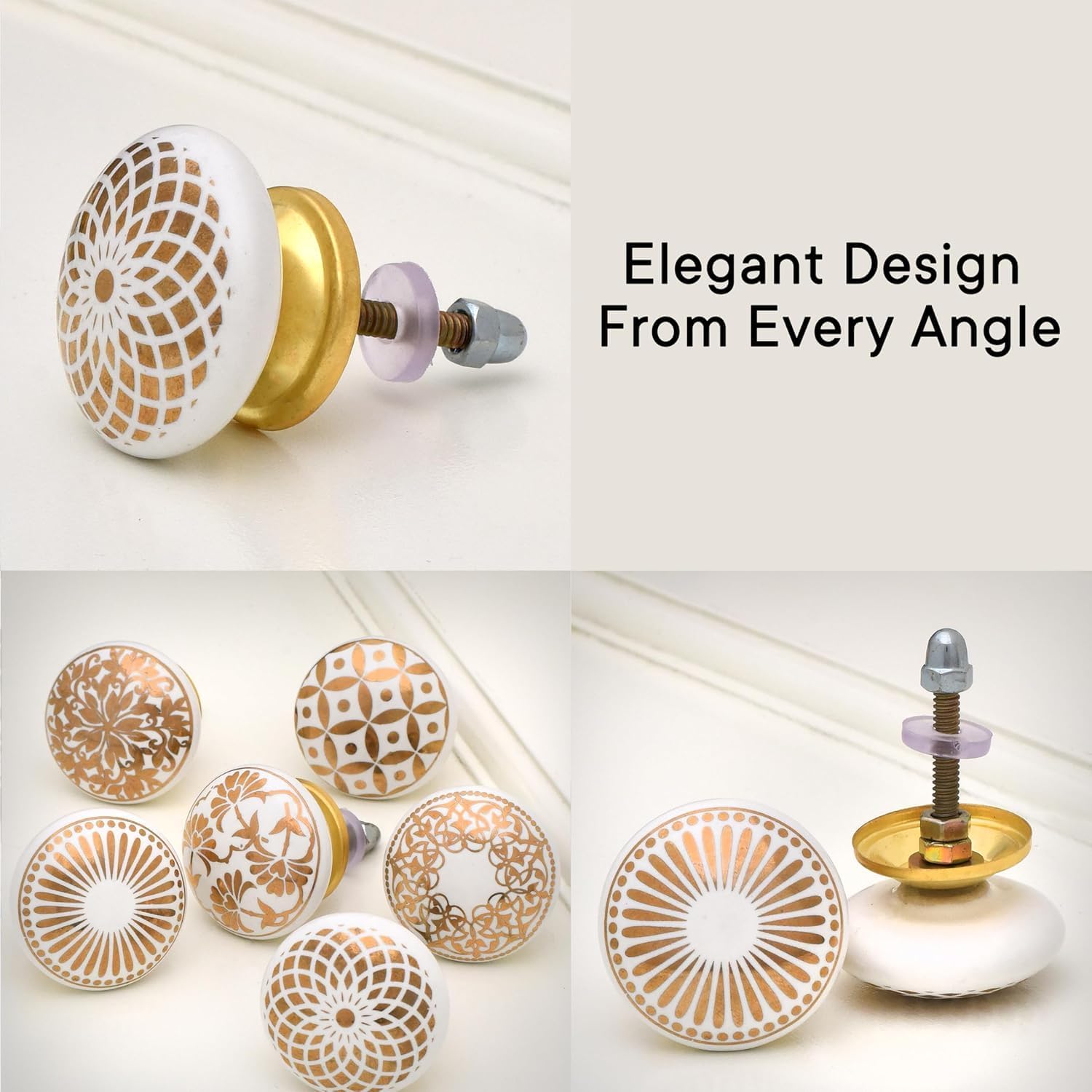 IndianShelf White Gold Ceramic Cabinet Knobs- Dresser Knobs 10 Pack- Drawer Pulls- Vintage Decorative Kitchen Door Handles 1.5''