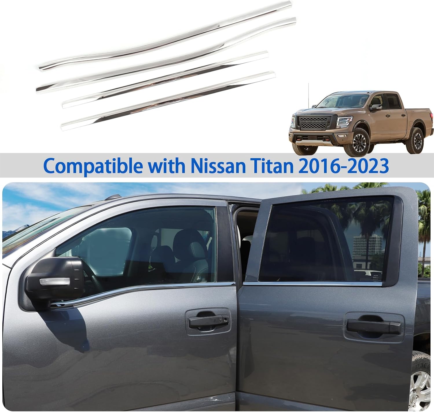 Door Window Moulding Trim Compatible with Nissan Titan 2016-2023, Stainless Lower Window Seal Strip, Car Outside Anti-Scratch Seal Belt, 4PCS