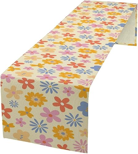 Miniatura 30 de Camino de mesa floral retro de los años 70, camino de mesa de flores de margarita naranja hippie para fiesta de cumpleaños, cocina retro comedor