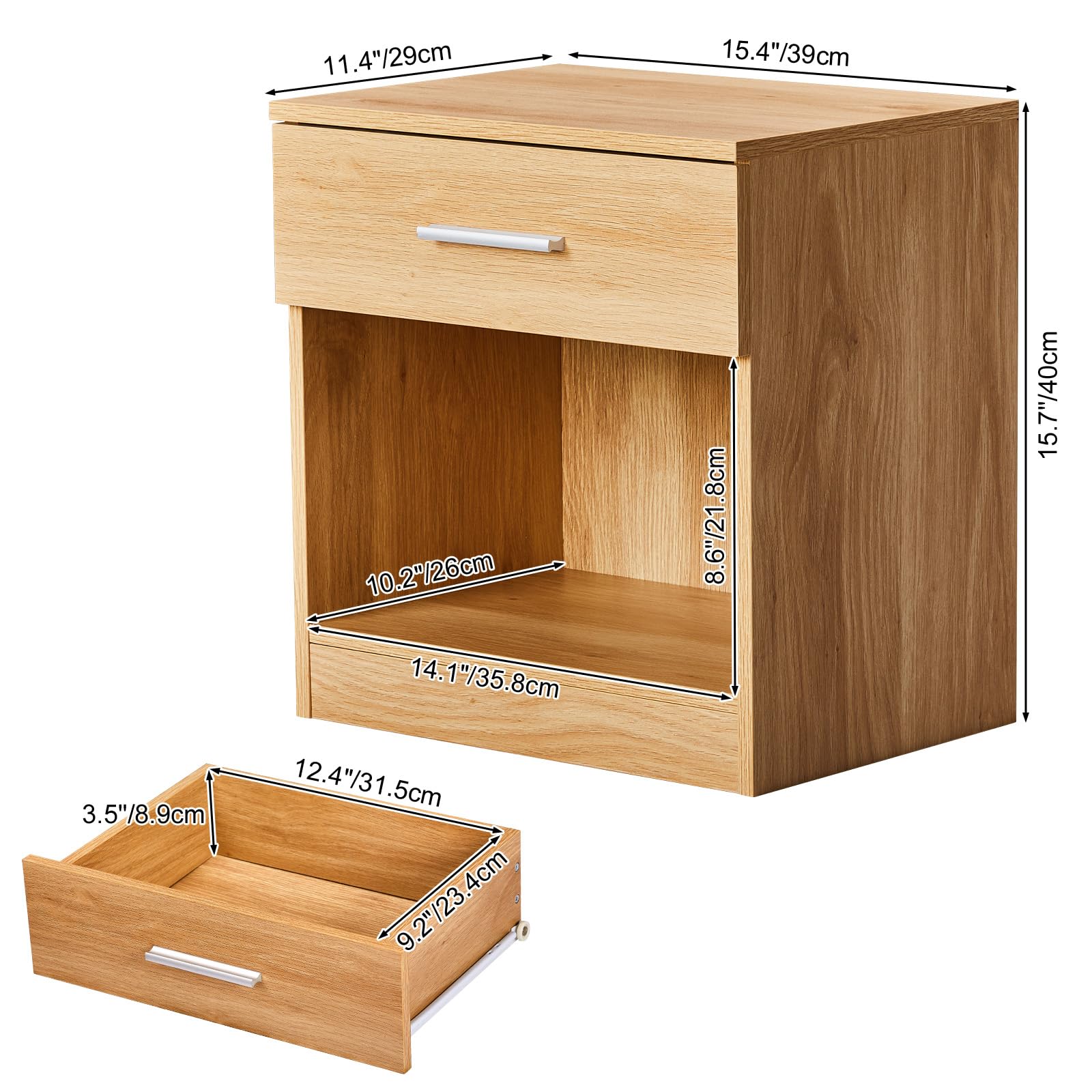 Table de Chevet Lot de 2, Table de Nuit, Commode Chambre avec 1 Tiroir, Convient pour Salon, Chambre, 39 x 29 x 41 cm (2, Chêne)