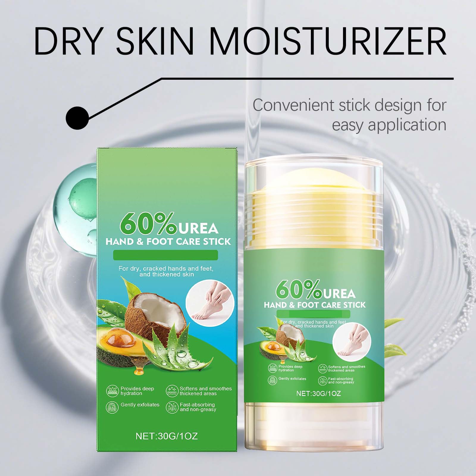 Crema para pies 60% de urea contra talones secos y agrietados, lápiz para pies de aloe vera, hidrata intensamente, exfolia suavemente, práctico lápiz de crema para pies para talones agrietados y piel