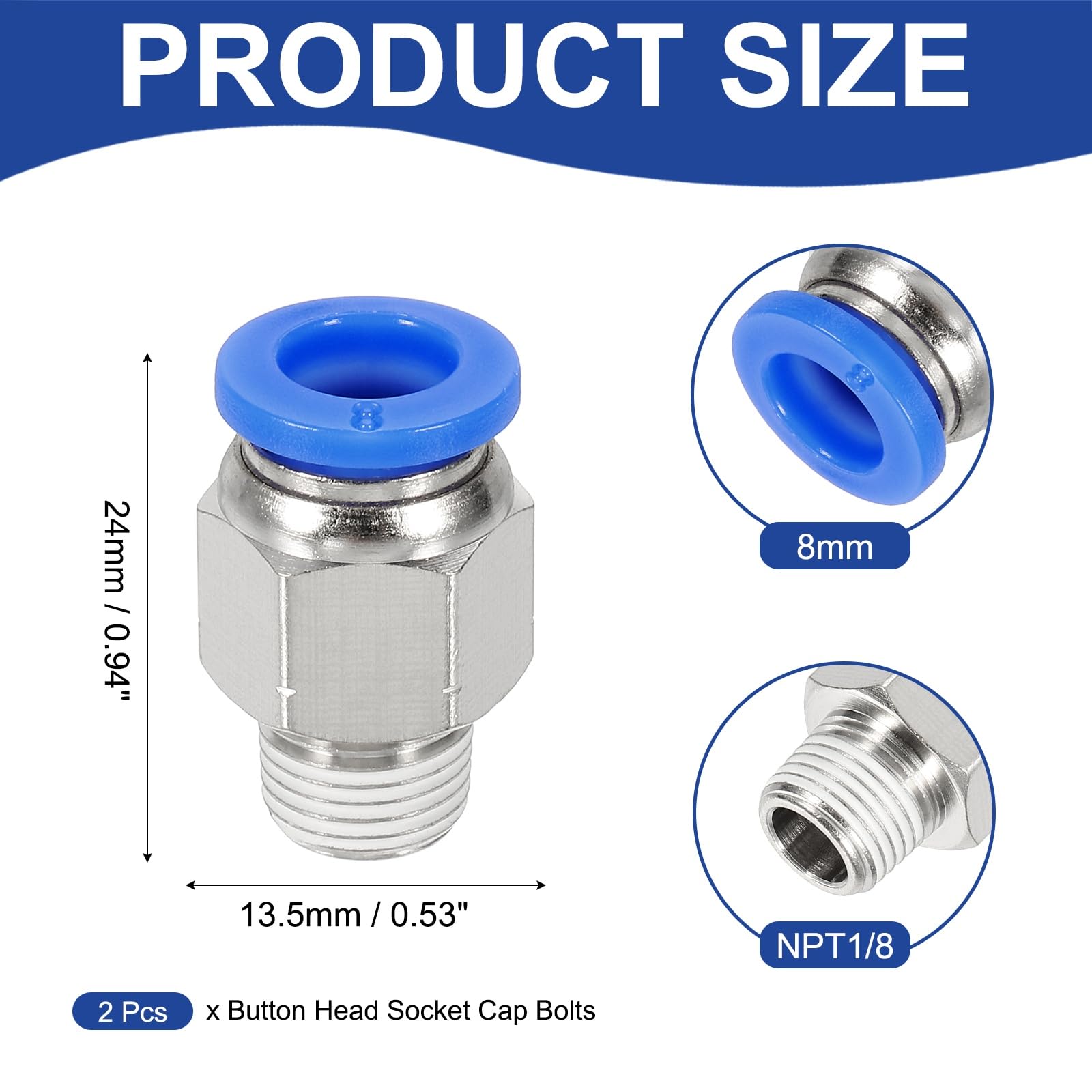 QUARKZMAN 2 Pezzi Raccordi Aria Push To Connect NPT, Maschio Dritto 8mm Diametro Esterno Tubo x Filettatura NPT 1/8" Connettore Rapido Aria Adattatore per Tubo Gas Strumenti Pneumatici, Blu