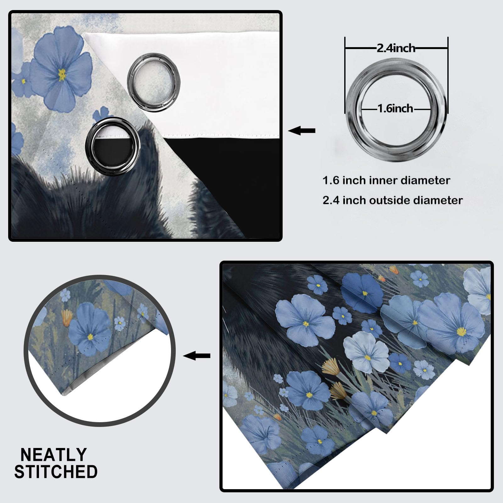 90% Blickdichte Vorhänge Aquarellblumen Katze, Thermo Verdunklungsvorhänge Mit Ösen, Blaugrau Rustikales Tier Fenster Gardinen Wohnzimmer Schlafzimmer Deko, 2Er Set H160Xb140Cm