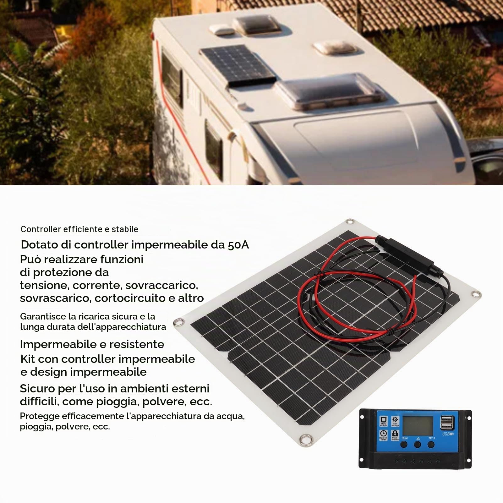 Kit di Pannello Solare 300W DC 12V 24V 50A IP67 Pannello Solare Ad Alta Prestazione Impermeabile e Controller di Carica Solare per Campeggio in Campeggio ABS 28x38 Cm