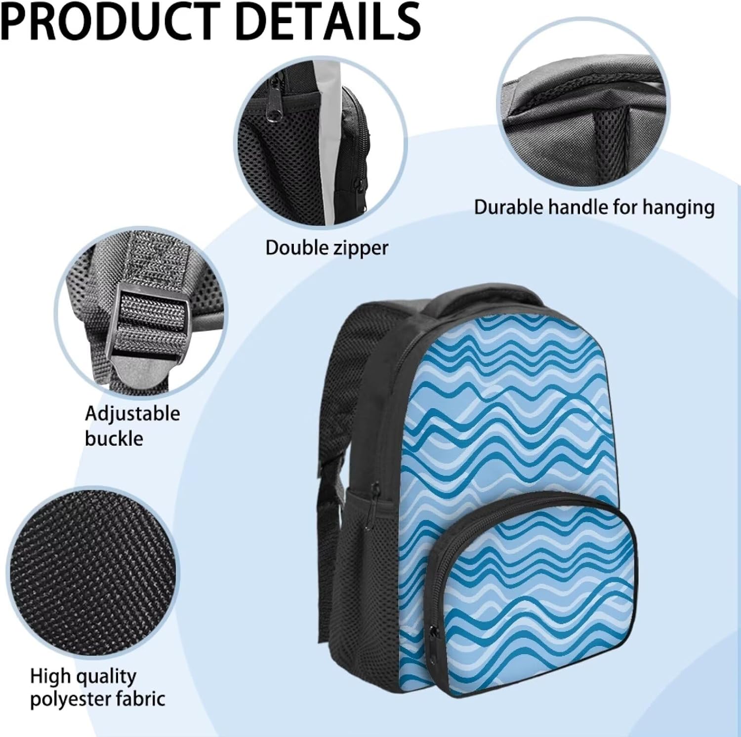 Simple Blue Wave Stripe Print Backpack for Child Ages 6-12, 12x9.8x5.5 Inch Bag with Front Zipper, Side Water Bottle Pockets, Bag for Learning Children's Supplies & Idea Birthday Gifts