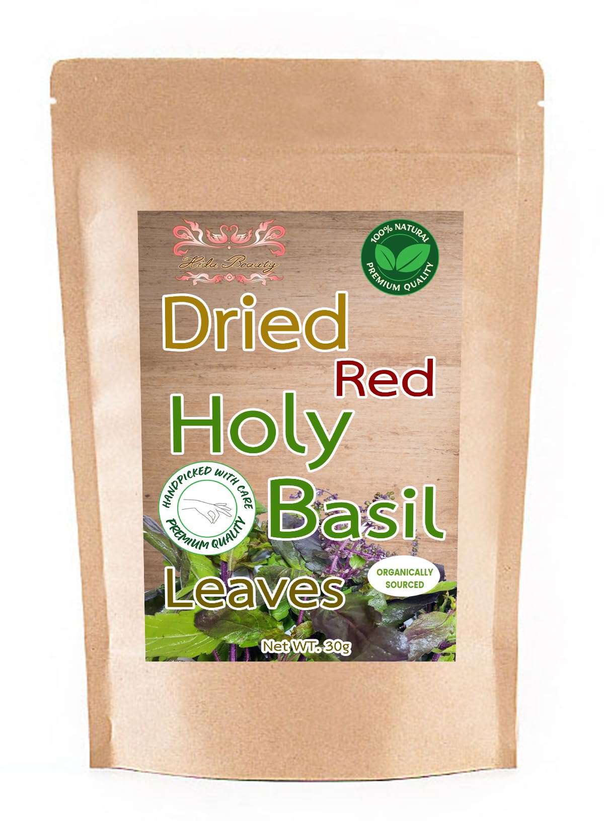 Hida Beauty Dried Thai Red Holy Basil Leaves for Seasoning Asian Cuisines Thai Cooking herbs spices 30g Pure whole dried leaves Original Taste