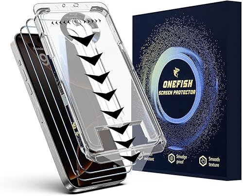 OneFish Protector de pantalla para iPhone 15, película de vidrio templado HD Clarity 9H+ dureza con marco de instalación sin complicaciones, sin