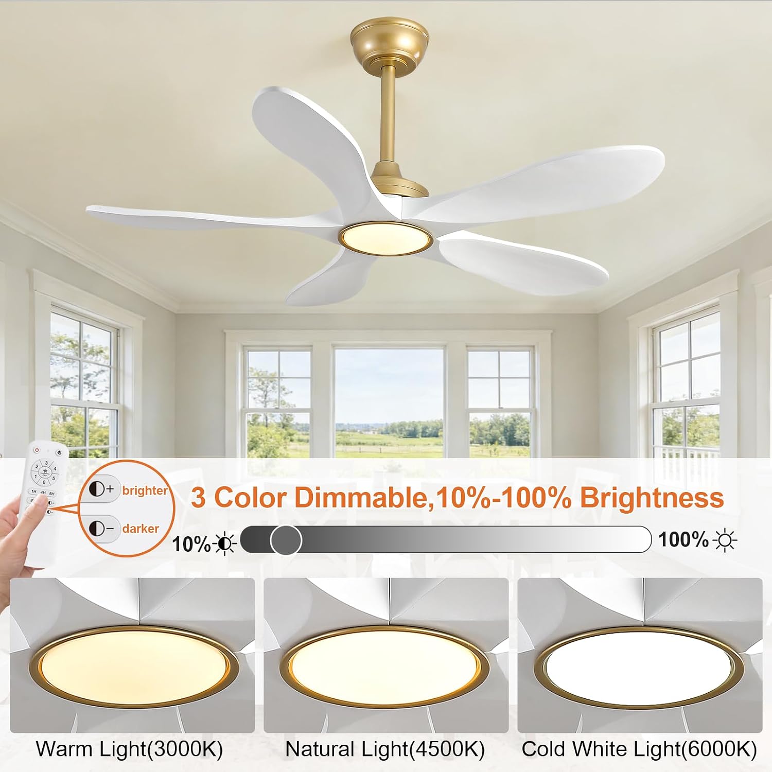 BOJUE 42 Inch White and Gold Ceiling Fans with Lights and Remote Control, Modern 3 Blade Wood Ceiling Fan, Outdoor Indoor Ceiling Fan with Light for Bedroom, Living Room, Quiet DC Motor, Dimmable