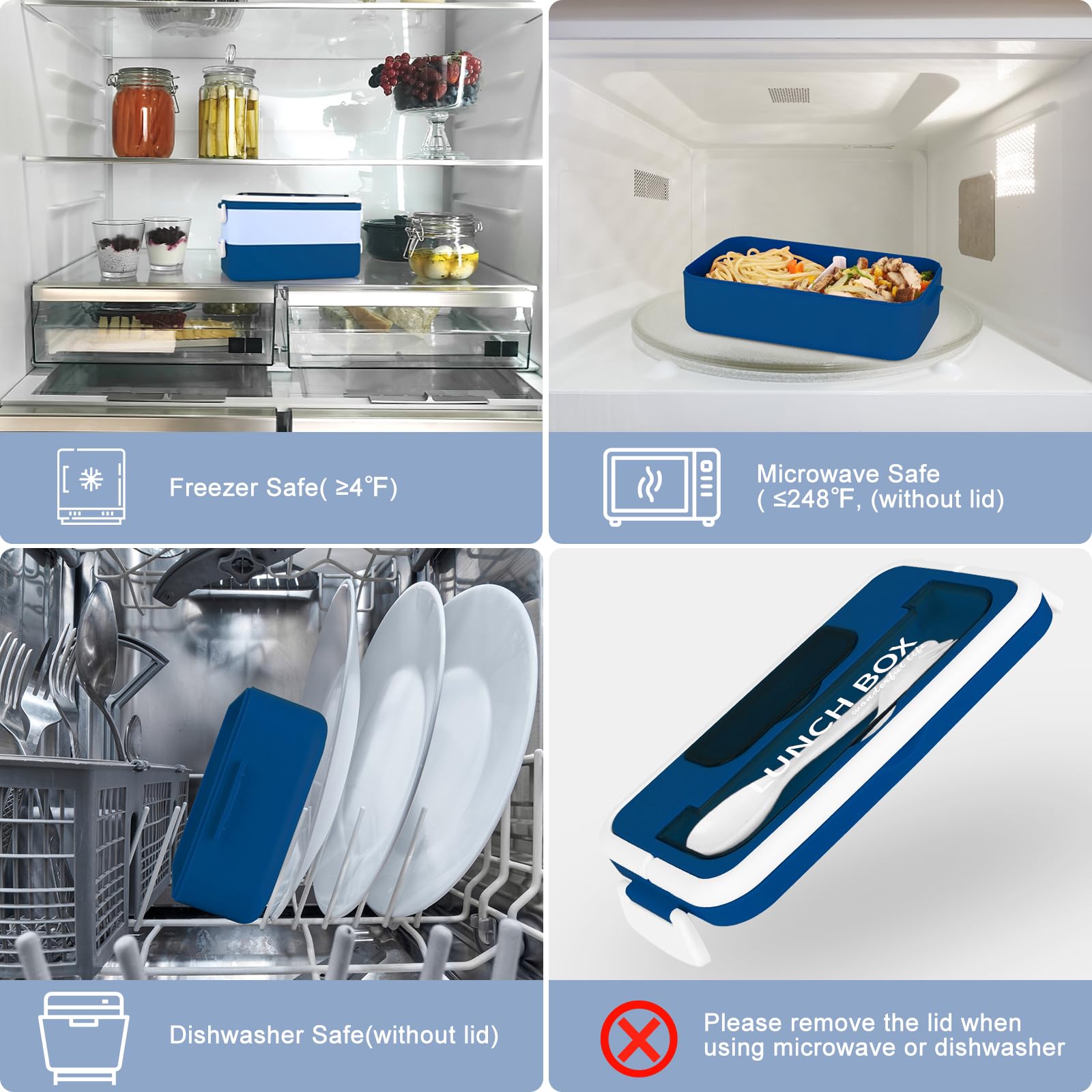 VEIOK Bento Lunch Box Adult 1600ml Lunchbox Stackable with Compartments and Bag (Blue) - Image 4