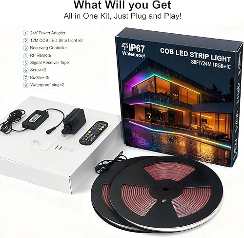 Miniatura 9 de RGB Smart IC COB LED tira de luz IP67 40FT12M al aire libre luces LED CRI90+24V ultra brillante para salas de juegos TV paredes balcones