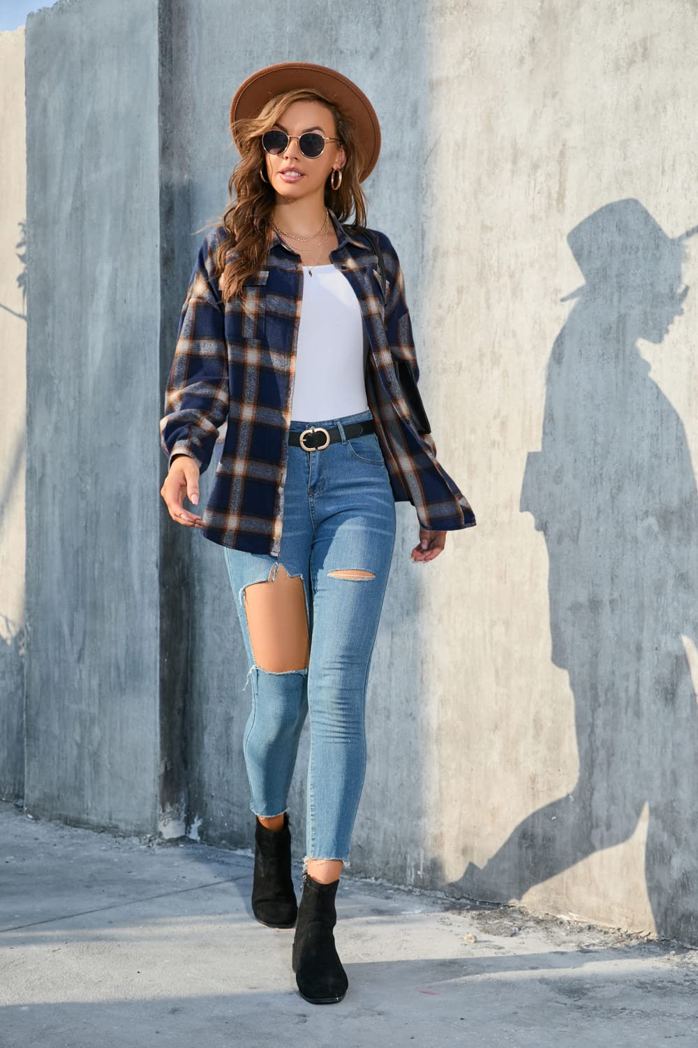 TEMKIN Blusa Camisa De Botón A Cuadros De La Moda De Mujeres-Azul Oscuro-SG