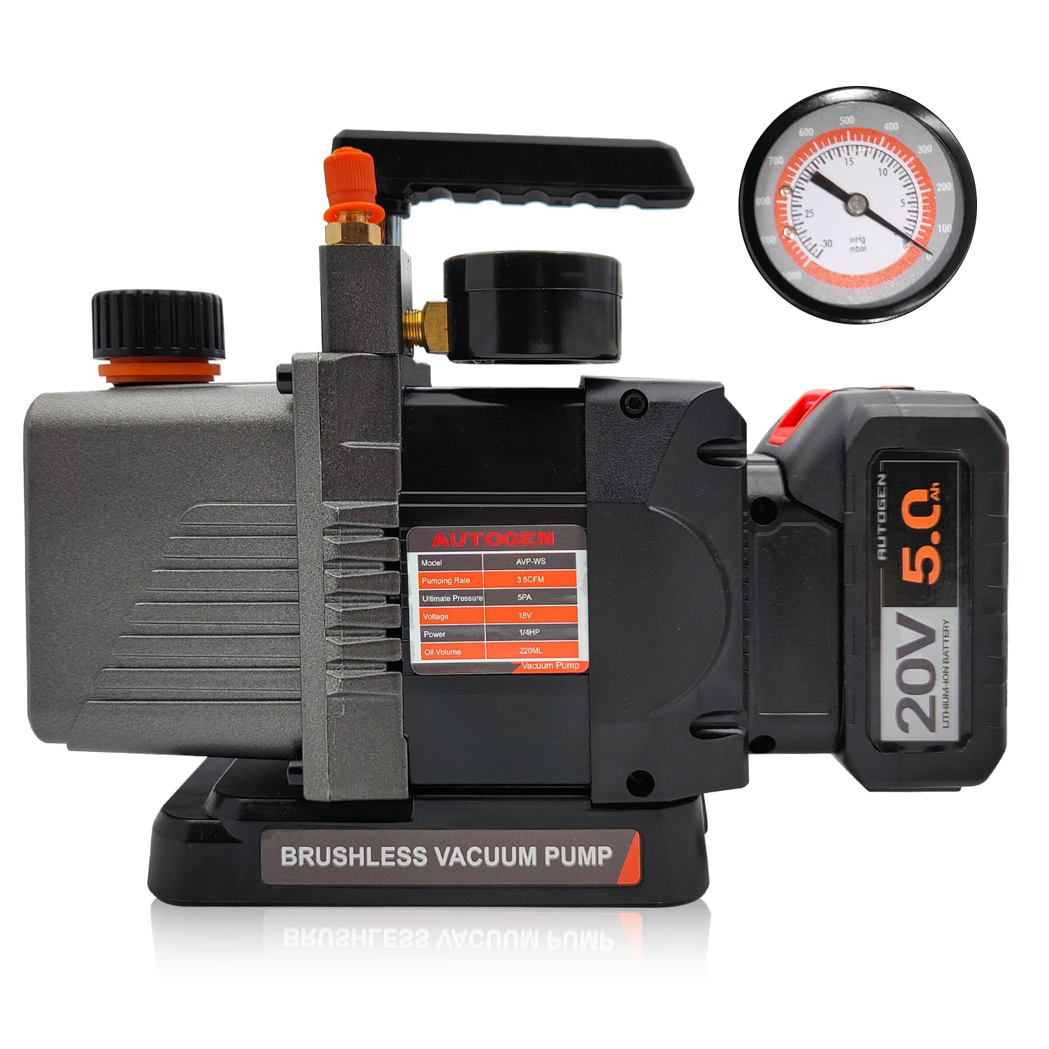 AUTOGEN Cordless Vacuum Pump with Pressure Gauge, 3.5CFM 20V Lithium Battery DC Single Stage, 5Pa Ultimate Vacuum, 1/4HP Brushless Motor for Air Conditioner Refrigerant HVAC
