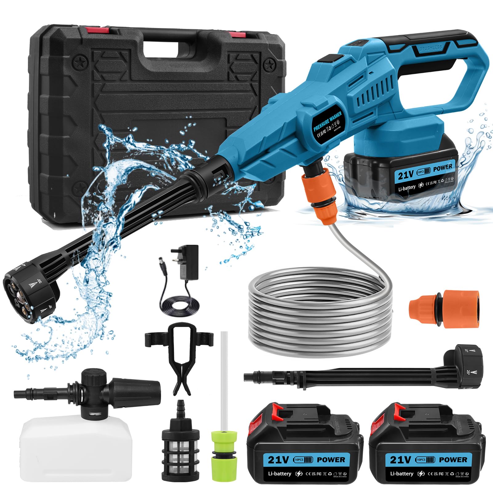 Bellanny Cordless Pressure Washer, 6 in 1 Portable Pressure Cleaner with 3.0 Ah Battery, 120 Bar/2000 PSI High Pressure Washer Kit with 5m Hose, Battery Jet Washer with Hose Connector and Foam Pot
