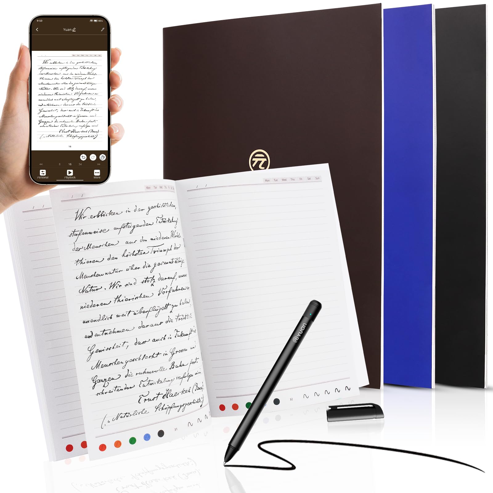 Yuan Smart Writing Set, Smart Notebook con Smart Pen, Taccuino Digitale per Appunti Digitali con 3 Quaderni A4, Sincronizzazione e Digitalizzazione in Tempo Reale, Compatibile con iPad iOS Android