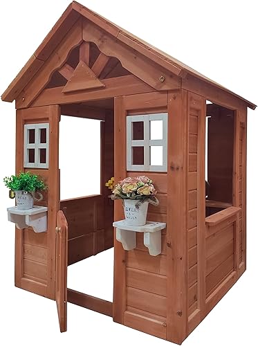 Miniatura 4 de Casa de juegos de madera para niños de 3 a 6 años, casa de juegos al aire libre con puerta, 2 ventanas, 3 estaciones de servicio, estante y soporte