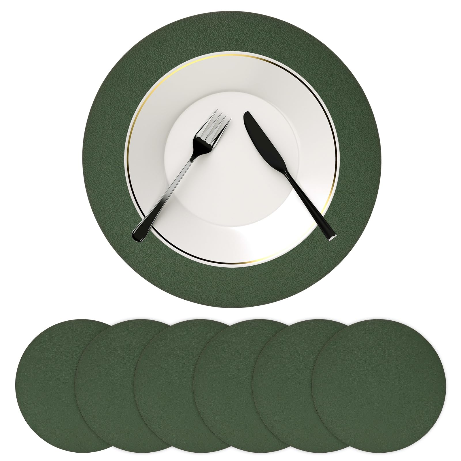 M METERXITY Round Placemats Set of 6, 14 Inch PVC Leather Place Mats Washable Heat Resistant Non-Slip for Dining Table/Kitchen/Party Decoration, Reversible Table Mats [Green & Apricot]