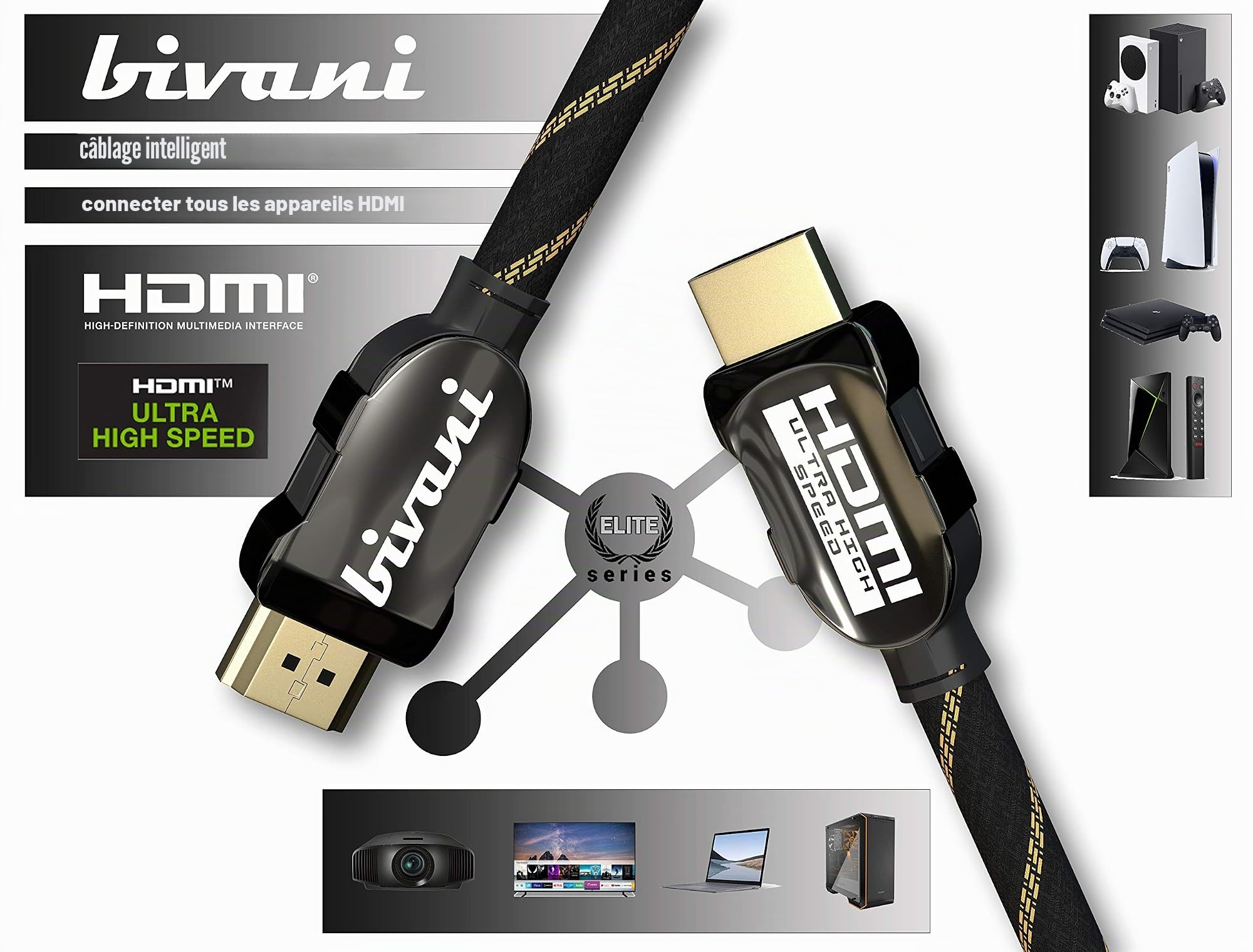 bivani Certified Câble HDMI 2.1 8K - 4 mètres 48 Gbps Câble HDMI Ultra-Haute Vitesse certifié - HDR10+, Highspeed Ethernet, VRR - PS5 et Xbox Series X Ready - Gaine en Nylon - Elite-Series - 4m Noir
