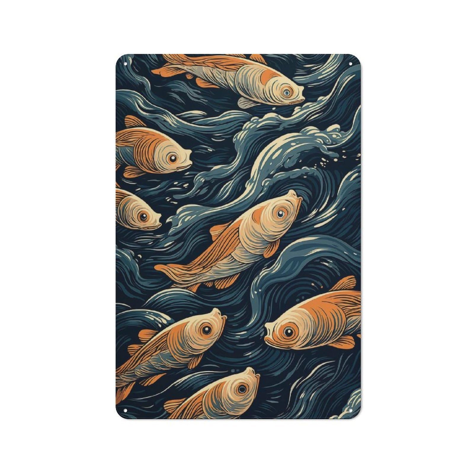 Junmoney Wavy Fish Swimming Rustic Metal Plaque 30X20cm For Hobby Room Or Studio, For Creative Interior Collectors