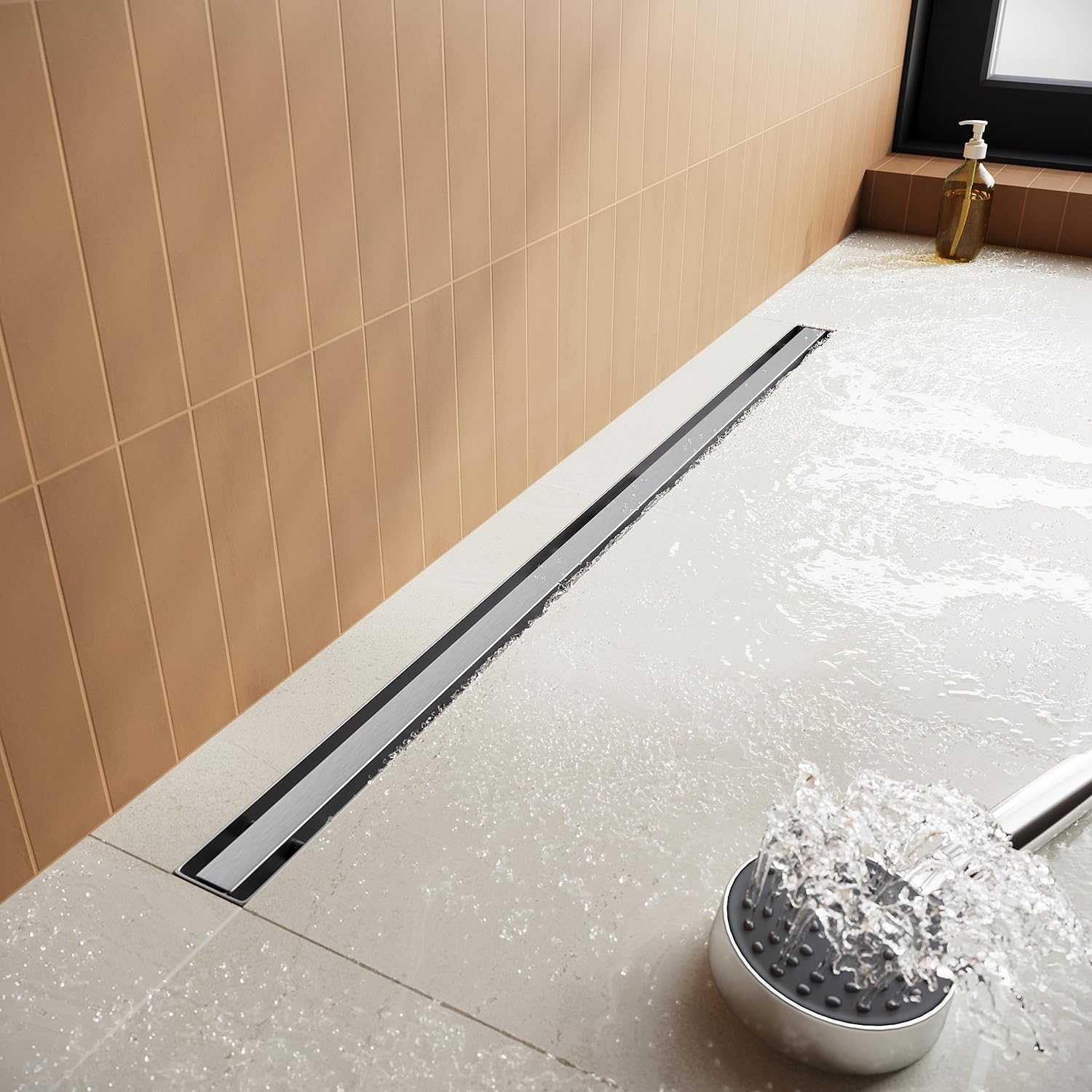 Canalina per doccia, 90 cm, in acciaio inox, set completo, con sistema antiodore e filtro per capelli a 360°, ultra sottile