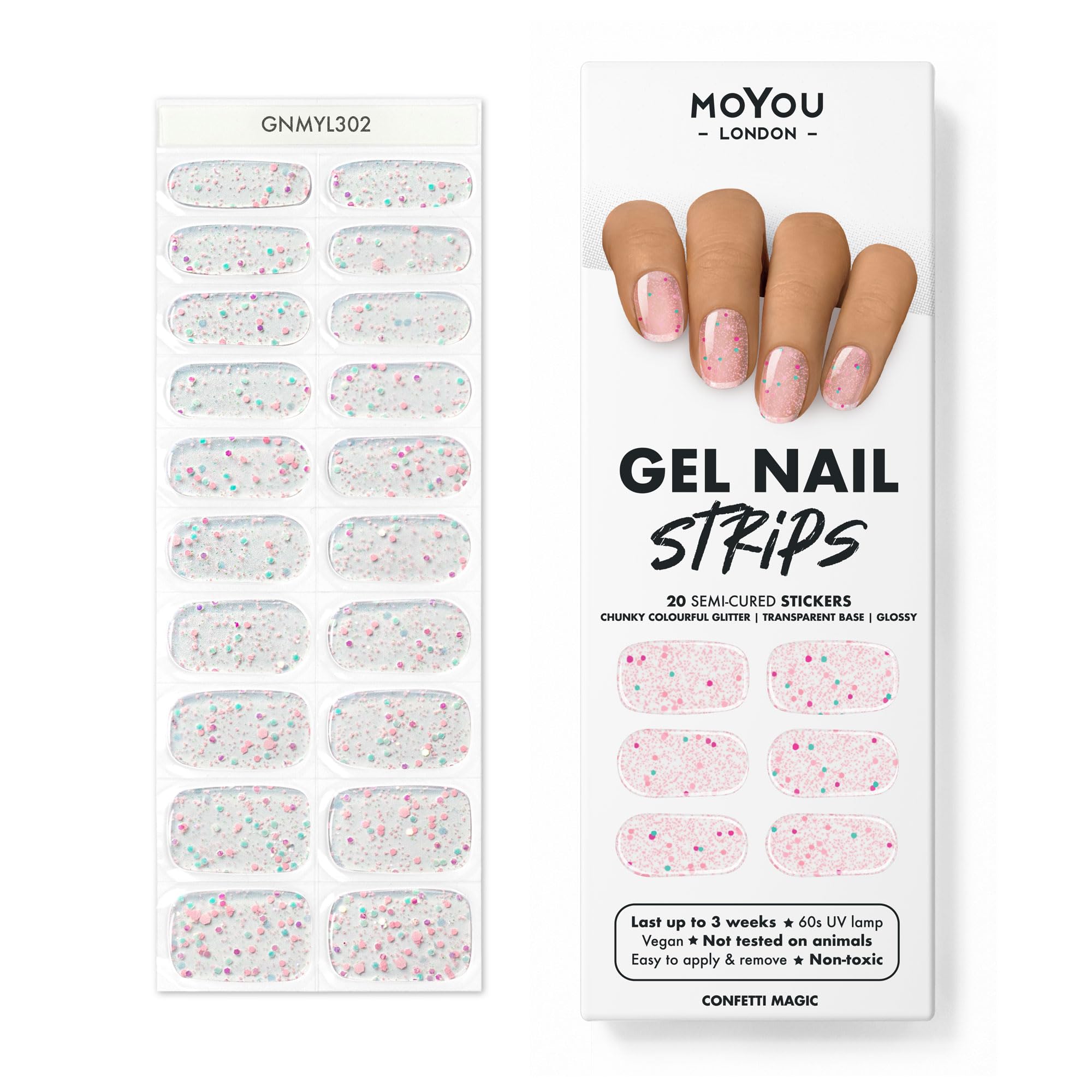 MOYOU LONDON Semi Cured Gel Nail Strips - 20 Pcs. Waterproof Gel Nail Wraps, Cures in Sunlight or UV/LED Lamp, Lasts Up to 2+ Weeks, Stretchable, Easy to Apply & Remove, Vegan & Cruelty-Free
